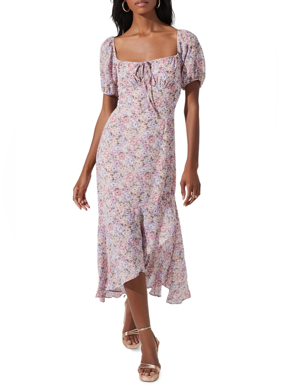 ASTR the Label - Bow Tie Ruffle Dress In Pink Purple Floral